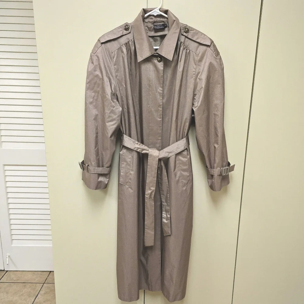 Vintage Taupe Beige Trench Coat 14 Tan Khaki Crinkle Full Length Raincoat Jacket - Picture 16 of 16